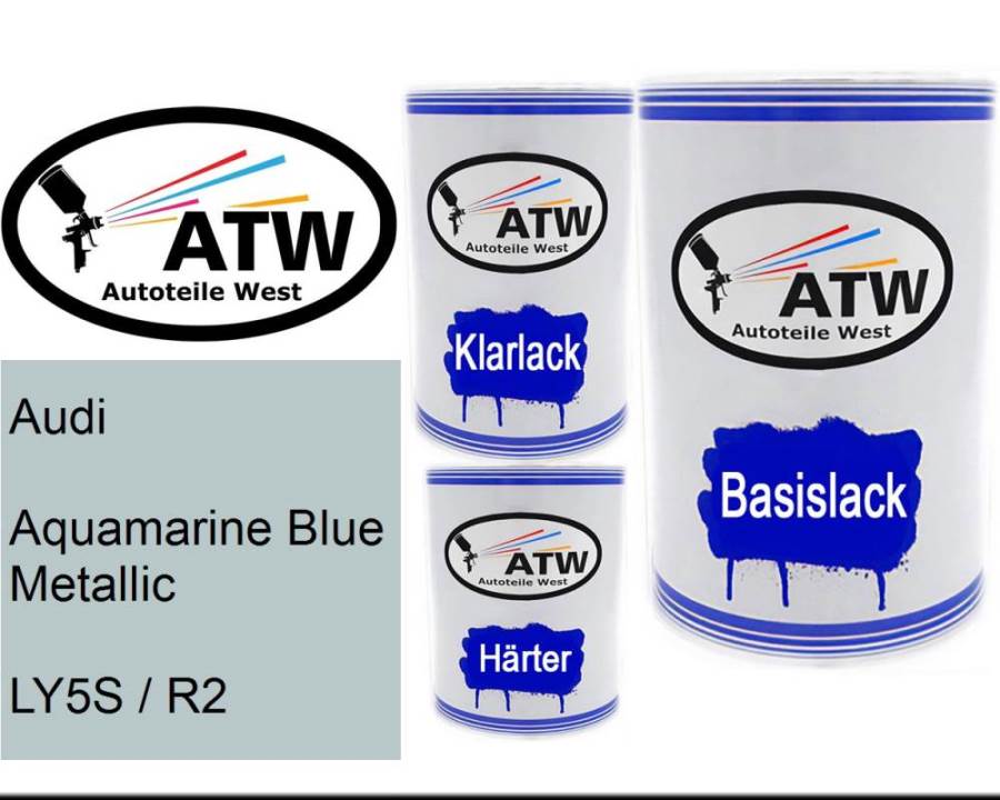 Audi, Aquamarine Blue Metallic, LY5S / R2: 500ml Lackdose + 500ml Klarlack + 250ml Härter - Set, von ATW Autoteile West.